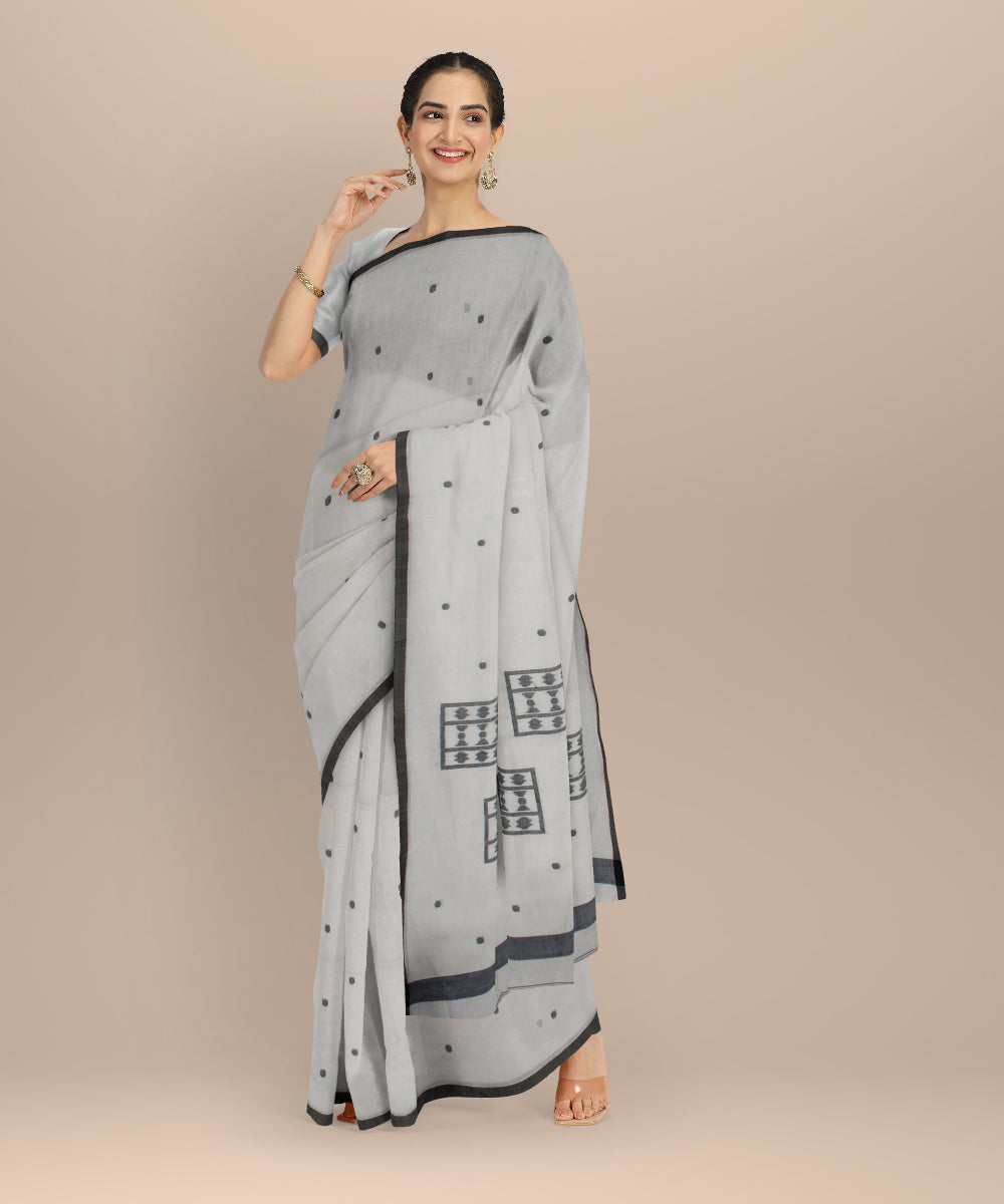 Beige black handwoven cotton jamdani saree