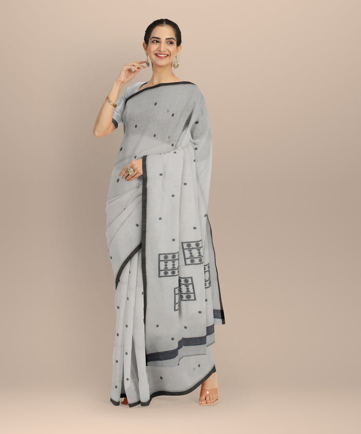 Beige black handwoven cotton jamdani saree