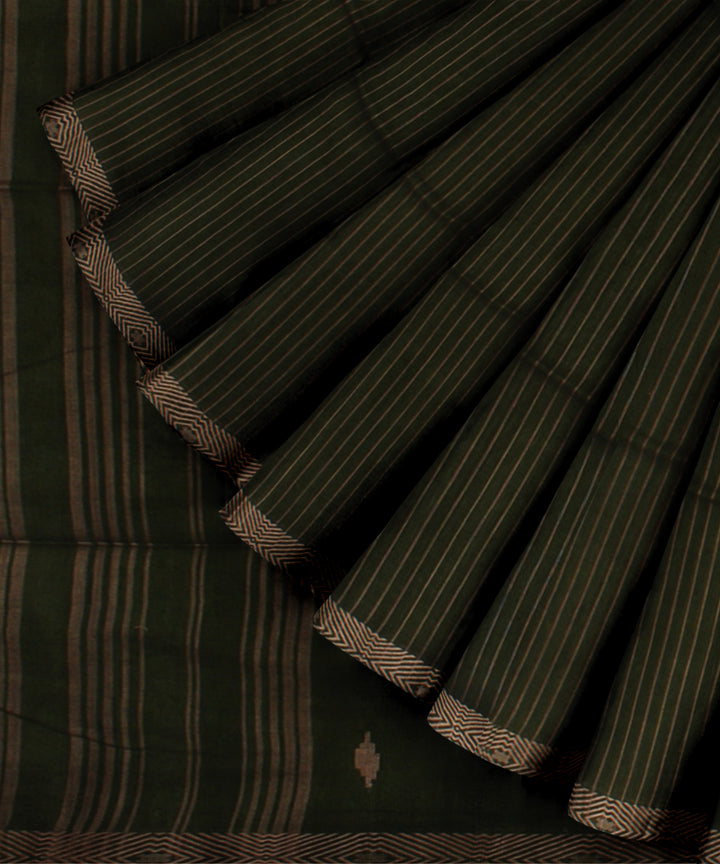 Dark green striped handwoven jamdani cotton saree