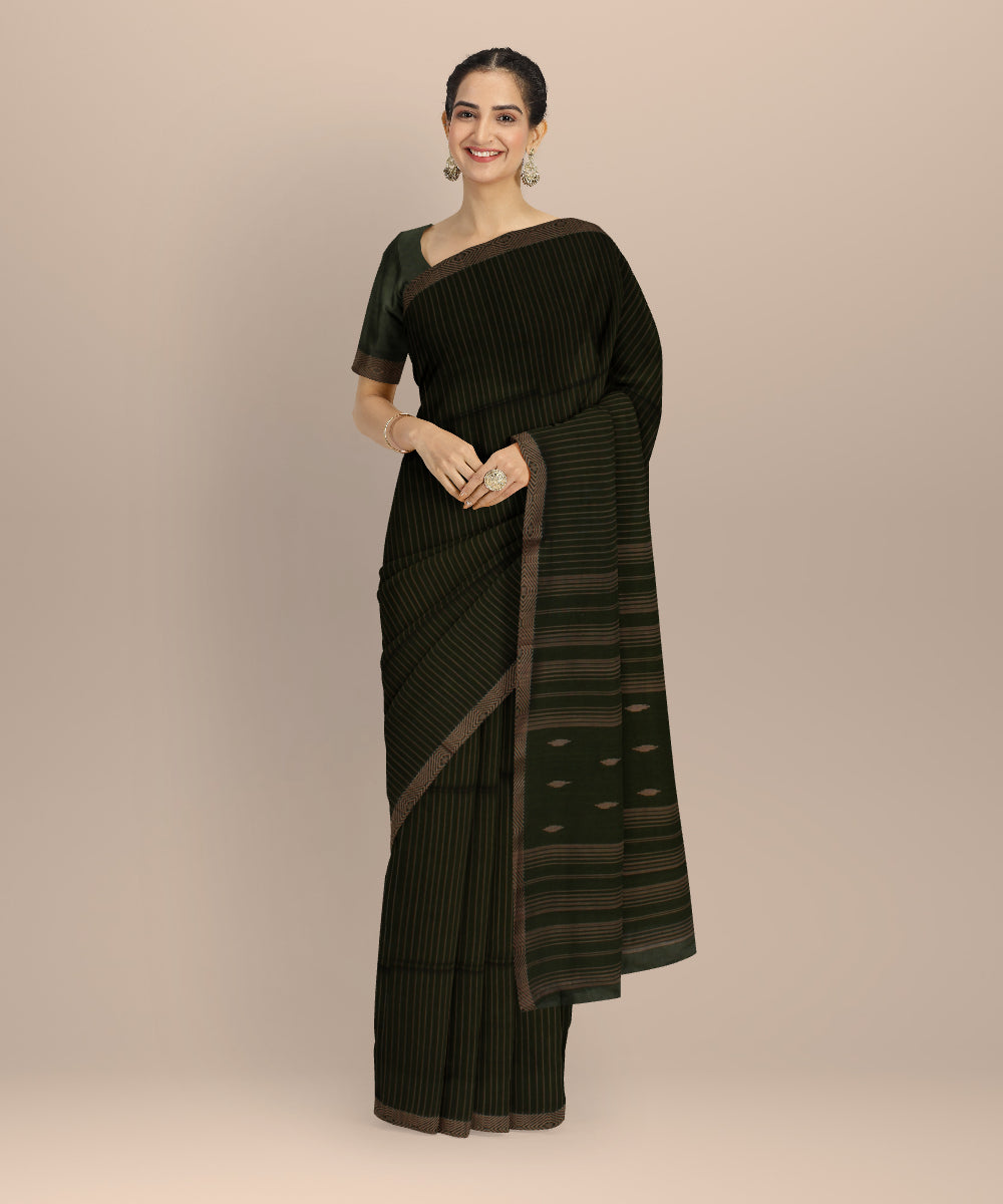 Dark green striped handwoven jamdani cotton saree