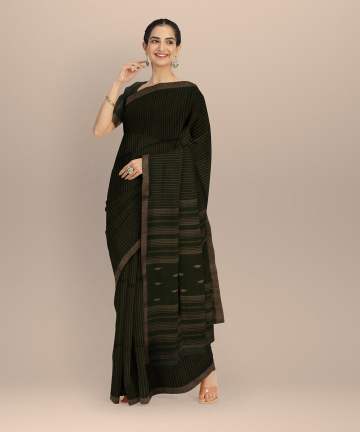 Dark green striped handwoven jamdani cotton saree