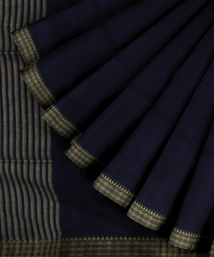 Navy blue plain handwoven jamdani cotton saree