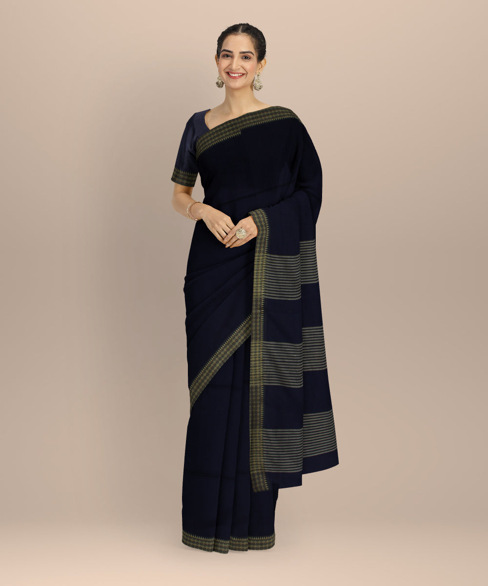 Navy blue plain handwoven jamdani cotton saree