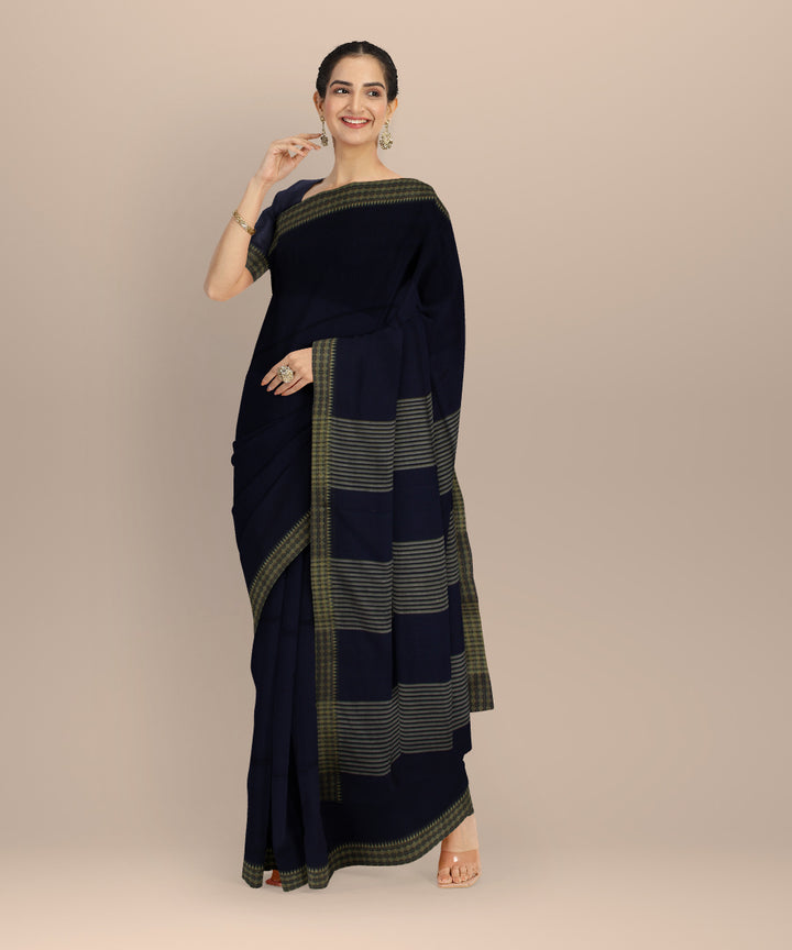 Navy blue plain handwoven jamdani cotton saree