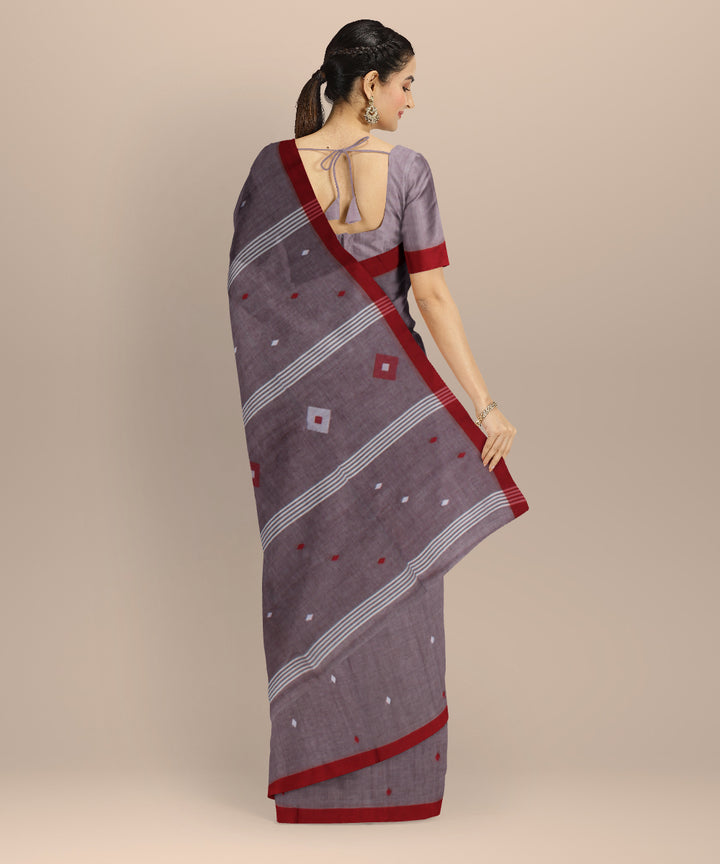 Brown maroon handwoven cotton jamdani saree