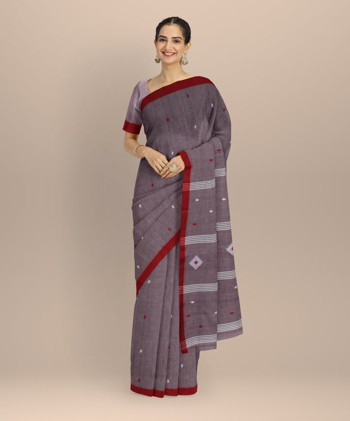 Brown maroon handwoven cotton jamdani saree