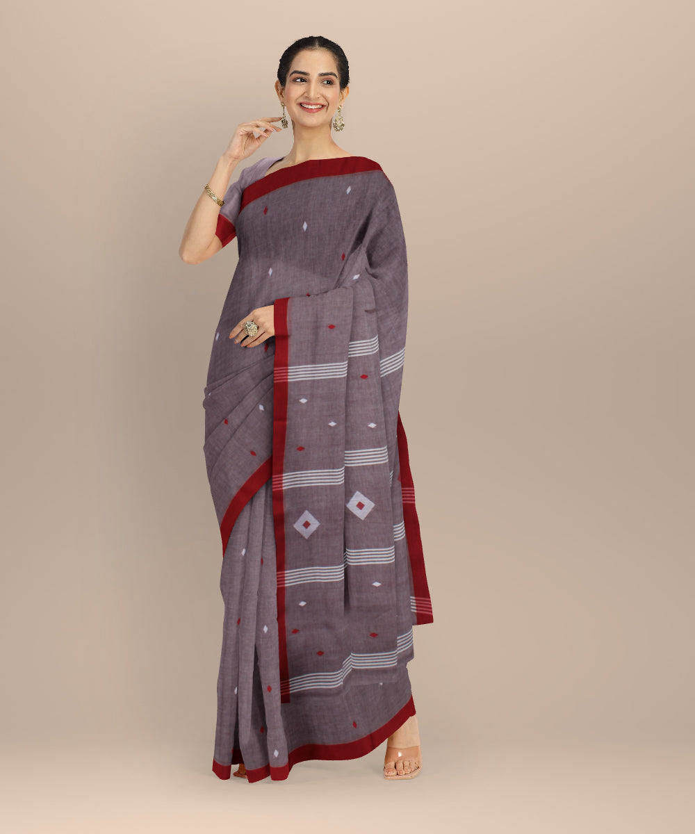 Brown maroon handwoven cotton jamdani saree