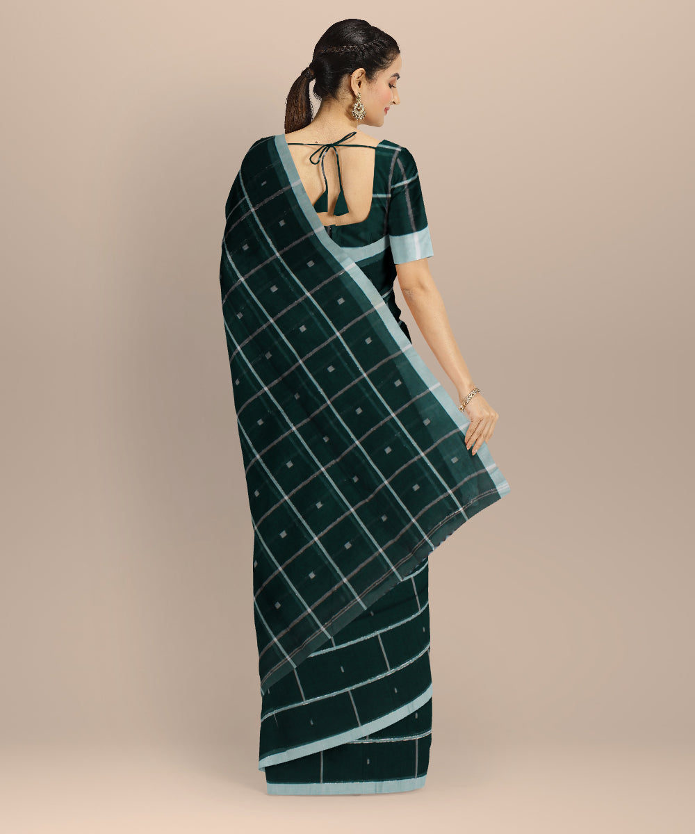 Dark green checked handwoven cotton jamdani saree