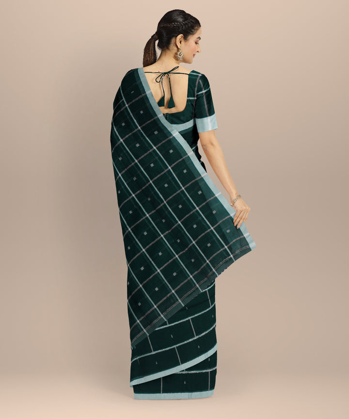 Dark green checked handwoven cotton jamdani saree