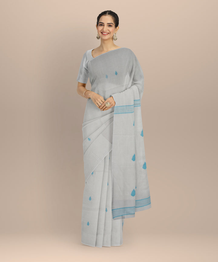 White blue handwoven cotton jamdani saree