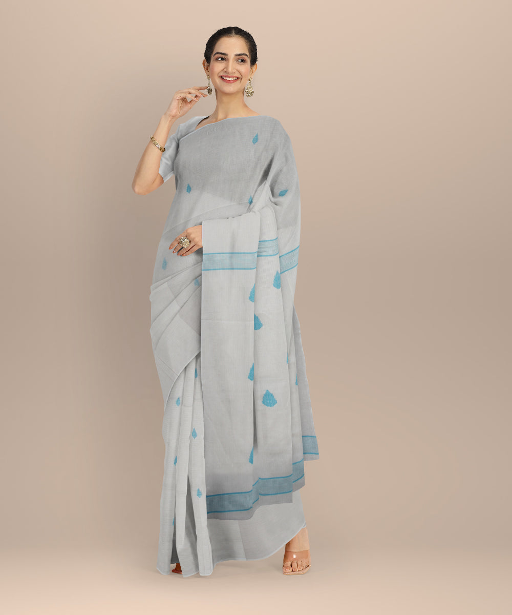 White blue handwoven cotton jamdani saree