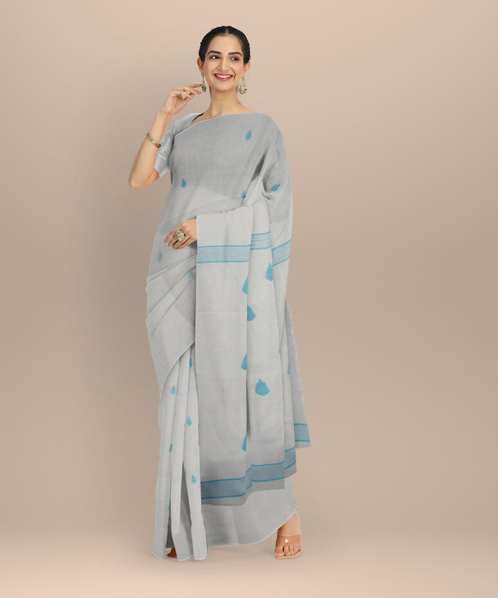 White blue handwoven cotton jamdani saree