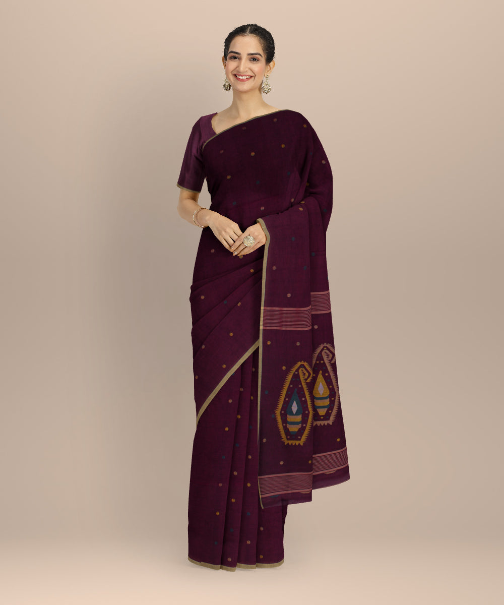 Purple beige buti handwoven cotton jamdani saree