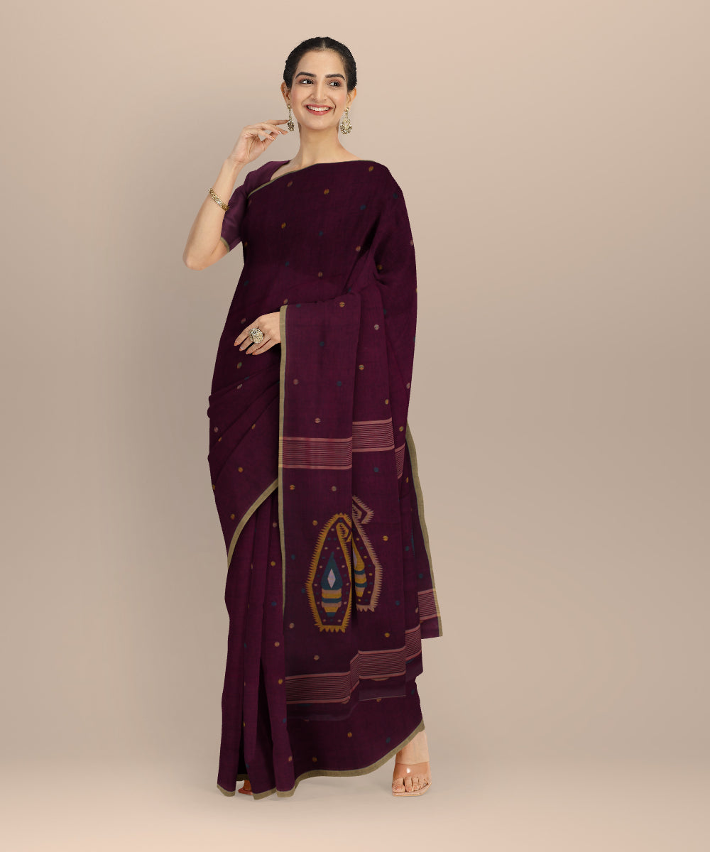 Purple beige buti handwoven cotton jamdani saree