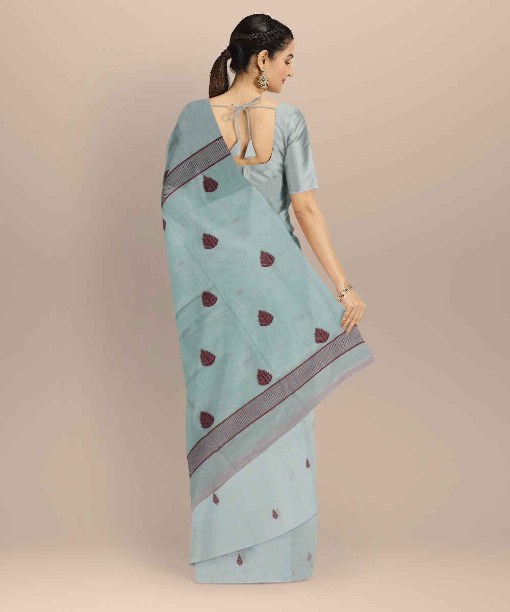 Cyan green maroon handwoven cotton jamdani saree