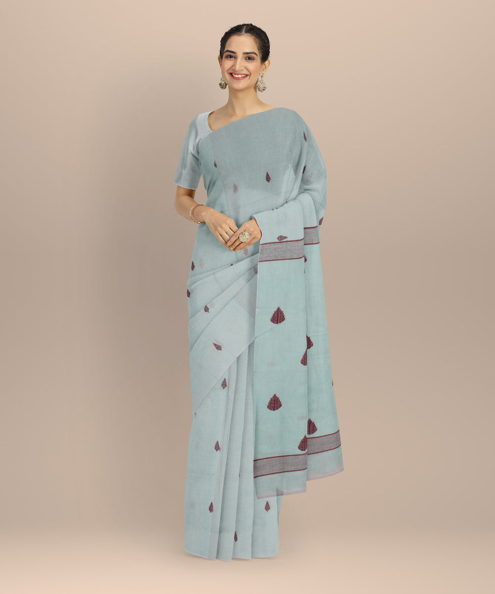 Cyan green maroon handwoven cotton jamdani saree