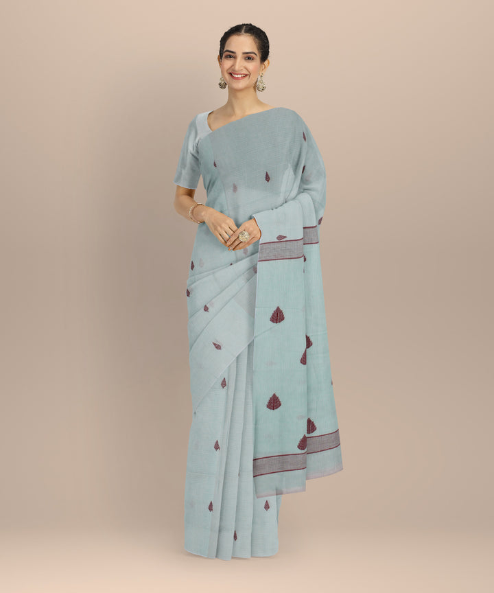 Cyan green maroon handwoven cotton jamdani saree