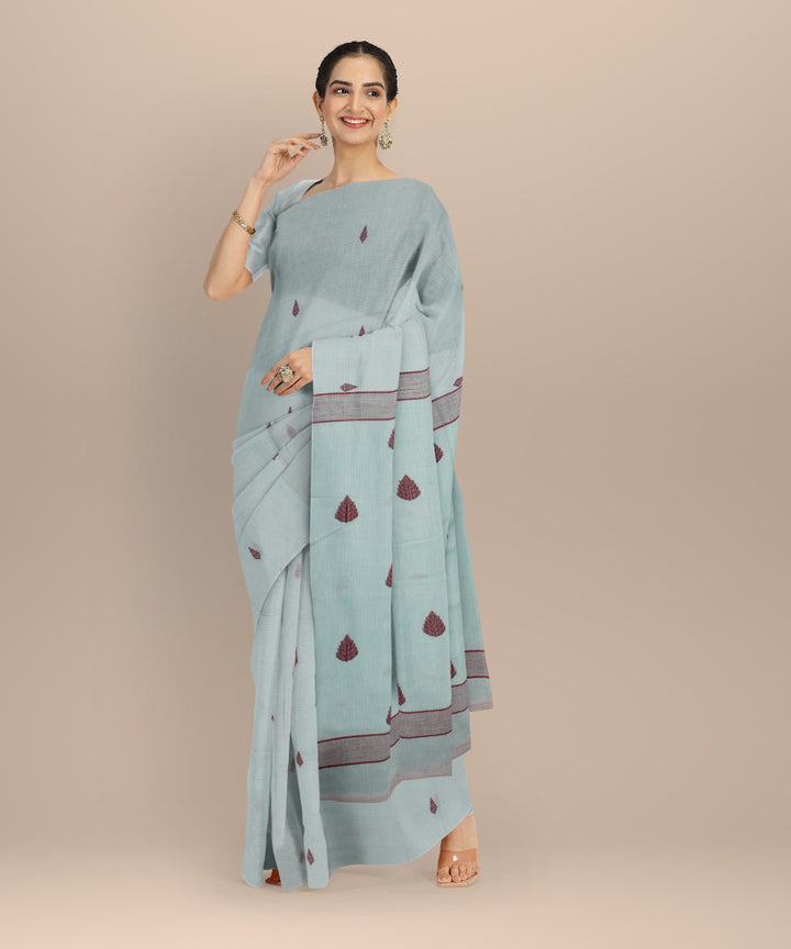 Cyan green maroon handwoven cotton jamdani saree