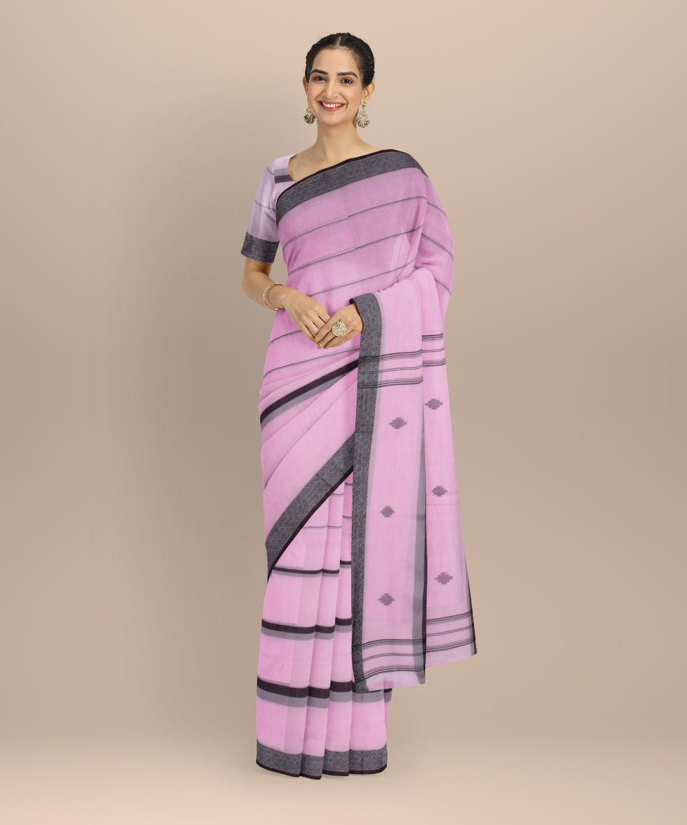 Pink black handwoven cotton jamdani saree