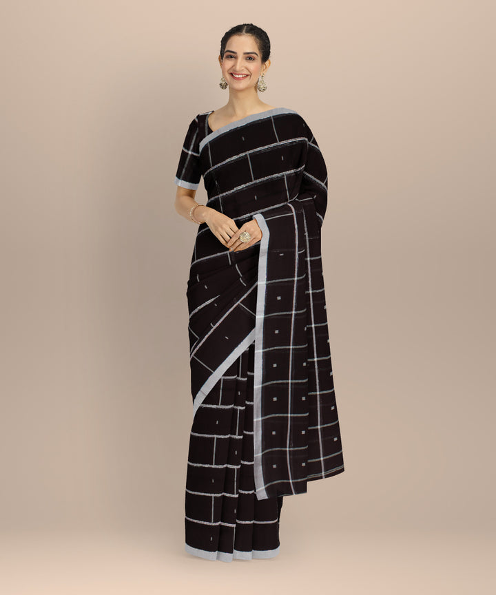 Brown checked handwoven cotton jamdani saree