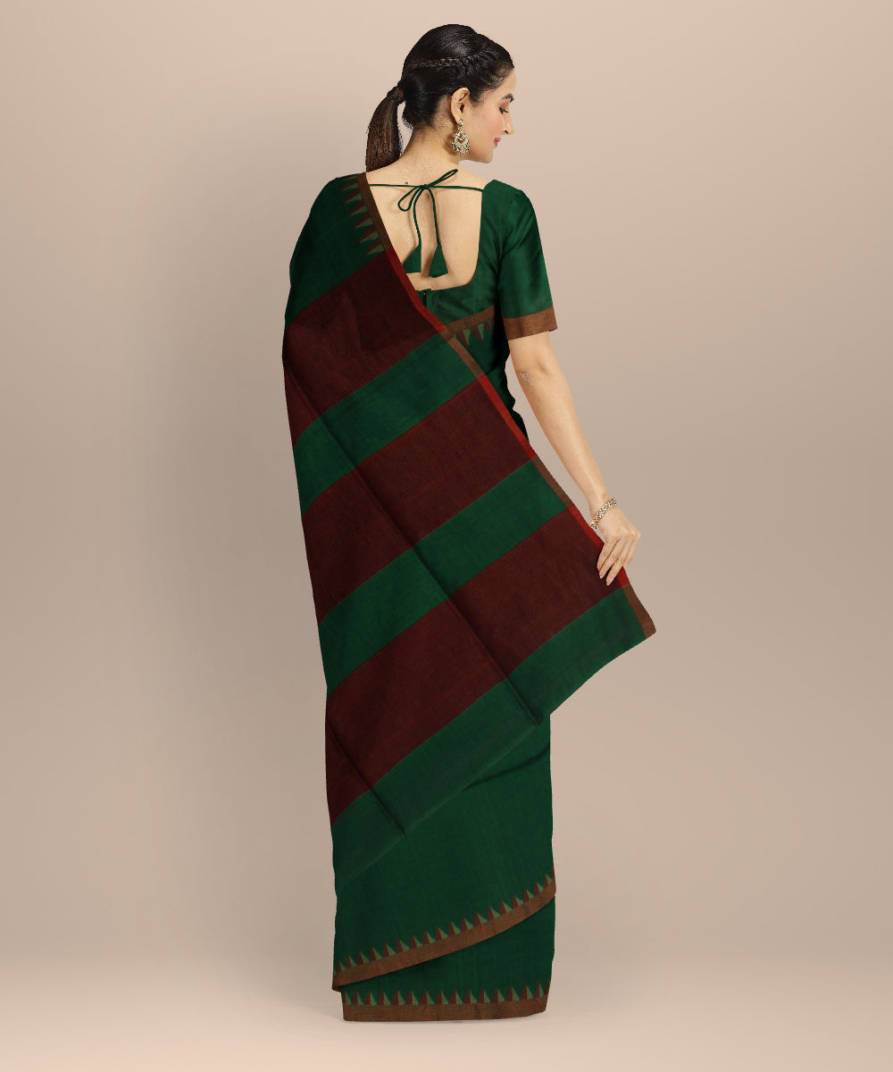 Dark green maroon handwoven cotton jamdani saree