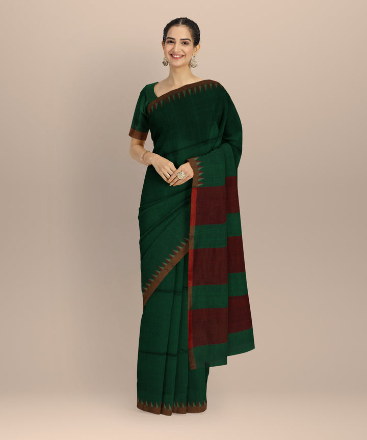 Dark green maroon handwoven cotton jamdani saree