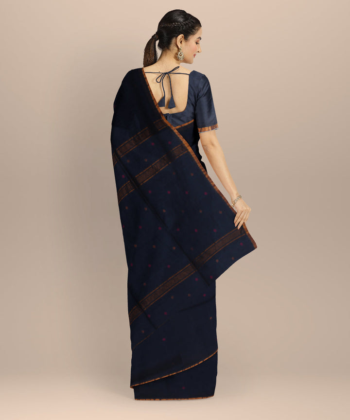 Navy blue plain handwoven cotton jamdani saree