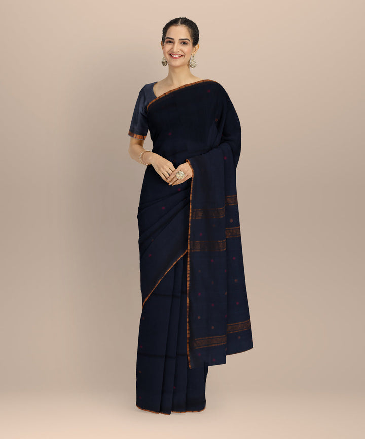 Navy blue plain handwoven cotton jamdani saree