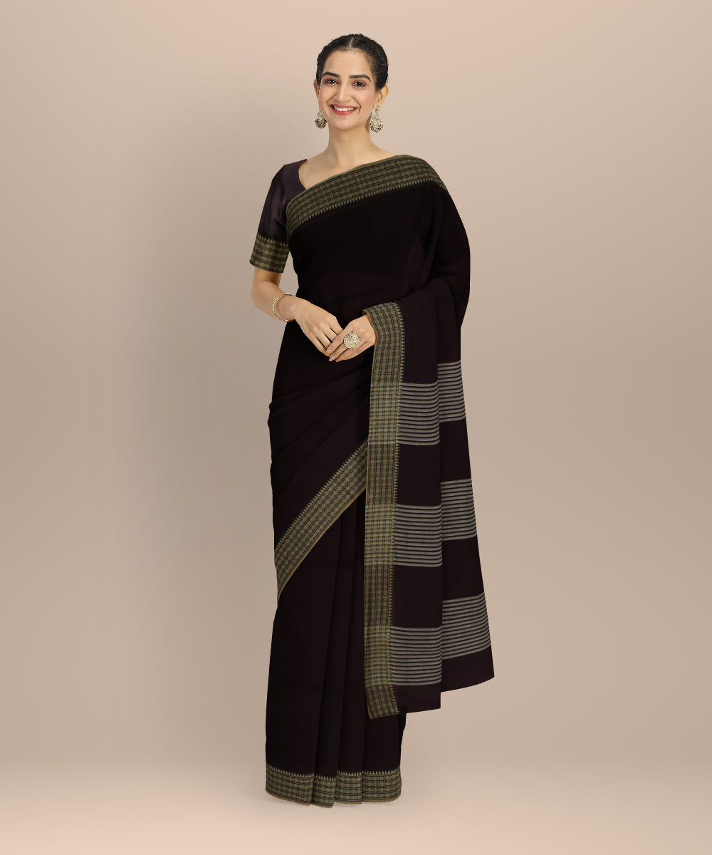 Maroon plain handwoven cotton jamdani saree