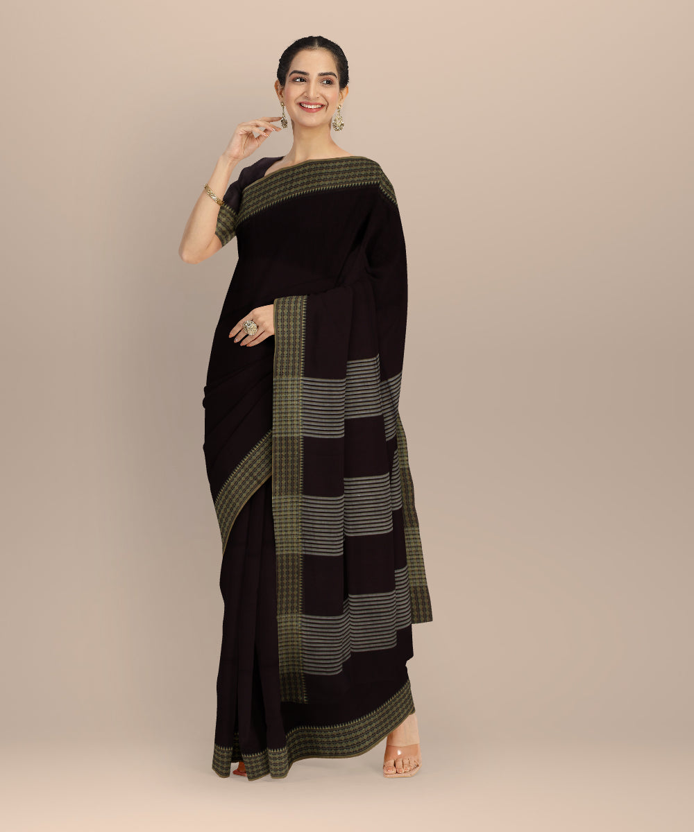 Maroon plain handwoven cotton jamdani saree