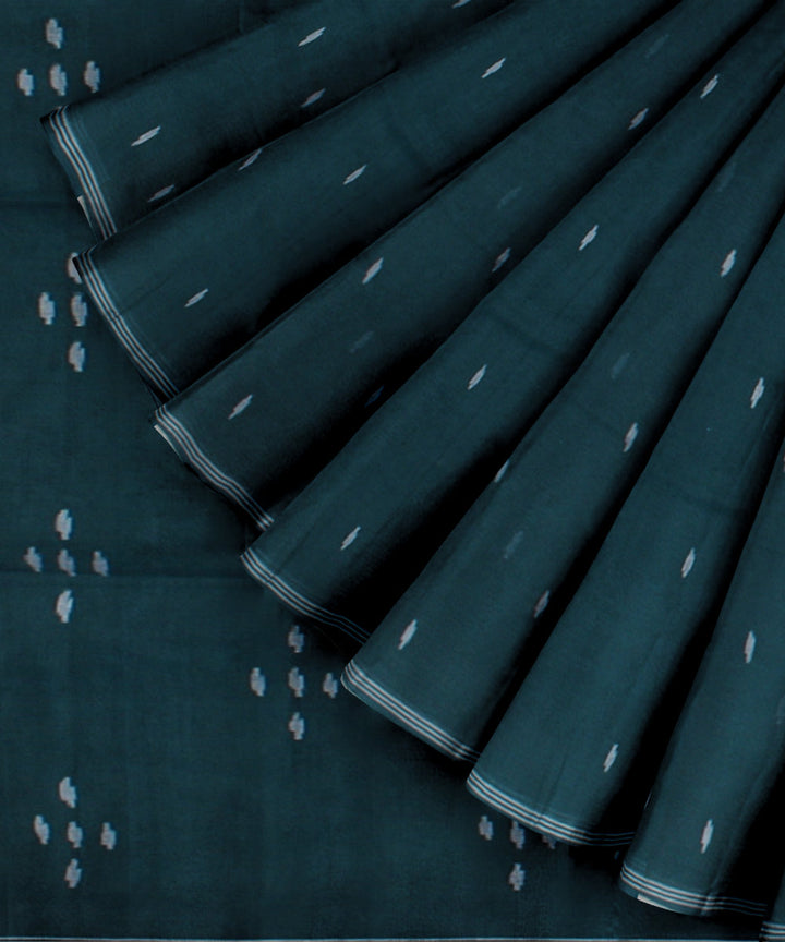 Cyan green white buti handwoven cotton jamdani saree