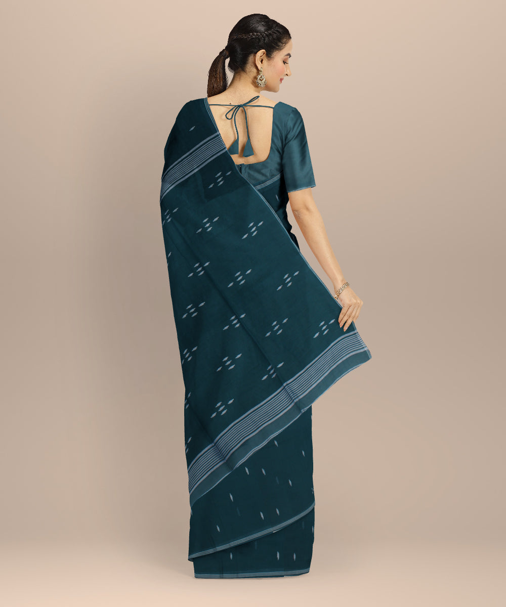 Cyan green white buti handwoven cotton jamdani saree