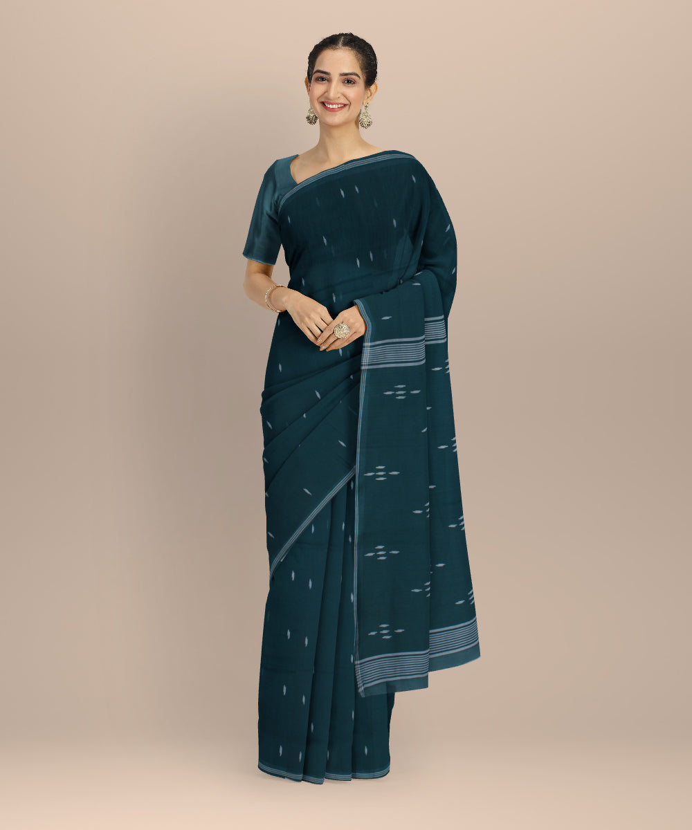 Cyan green white buti handwoven cotton jamdani saree