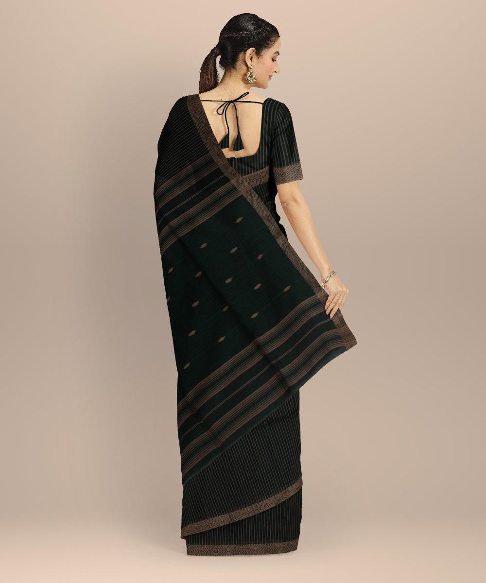 Dark green striped handwoven cotton jamdani saree