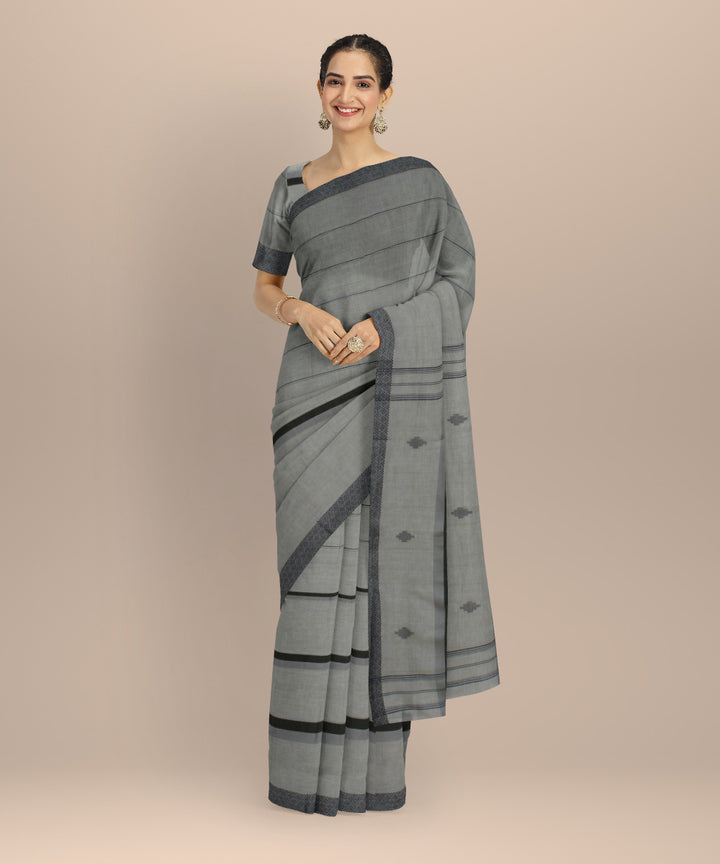 Grey striped handwoven cotton jamdani saree