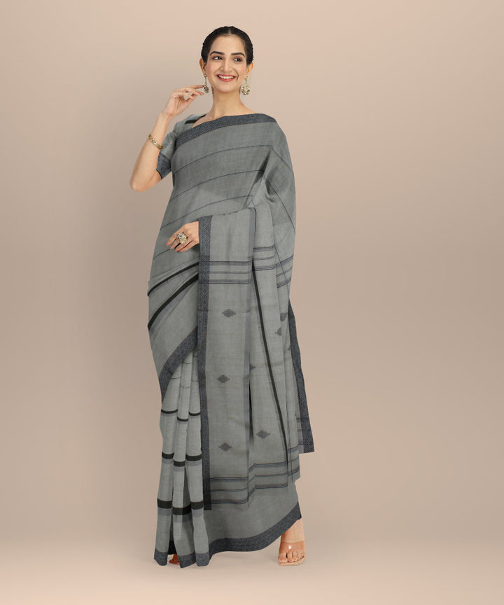 Grey striped handwoven cotton jamdani saree