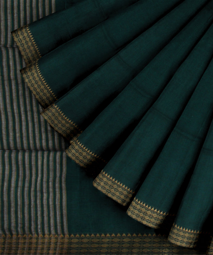 Dark green plain handwoven cotton jamdani saree