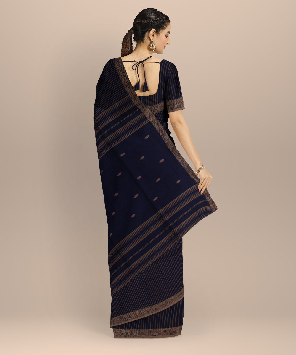Navy blue striped handwoven jamdani cotton saree