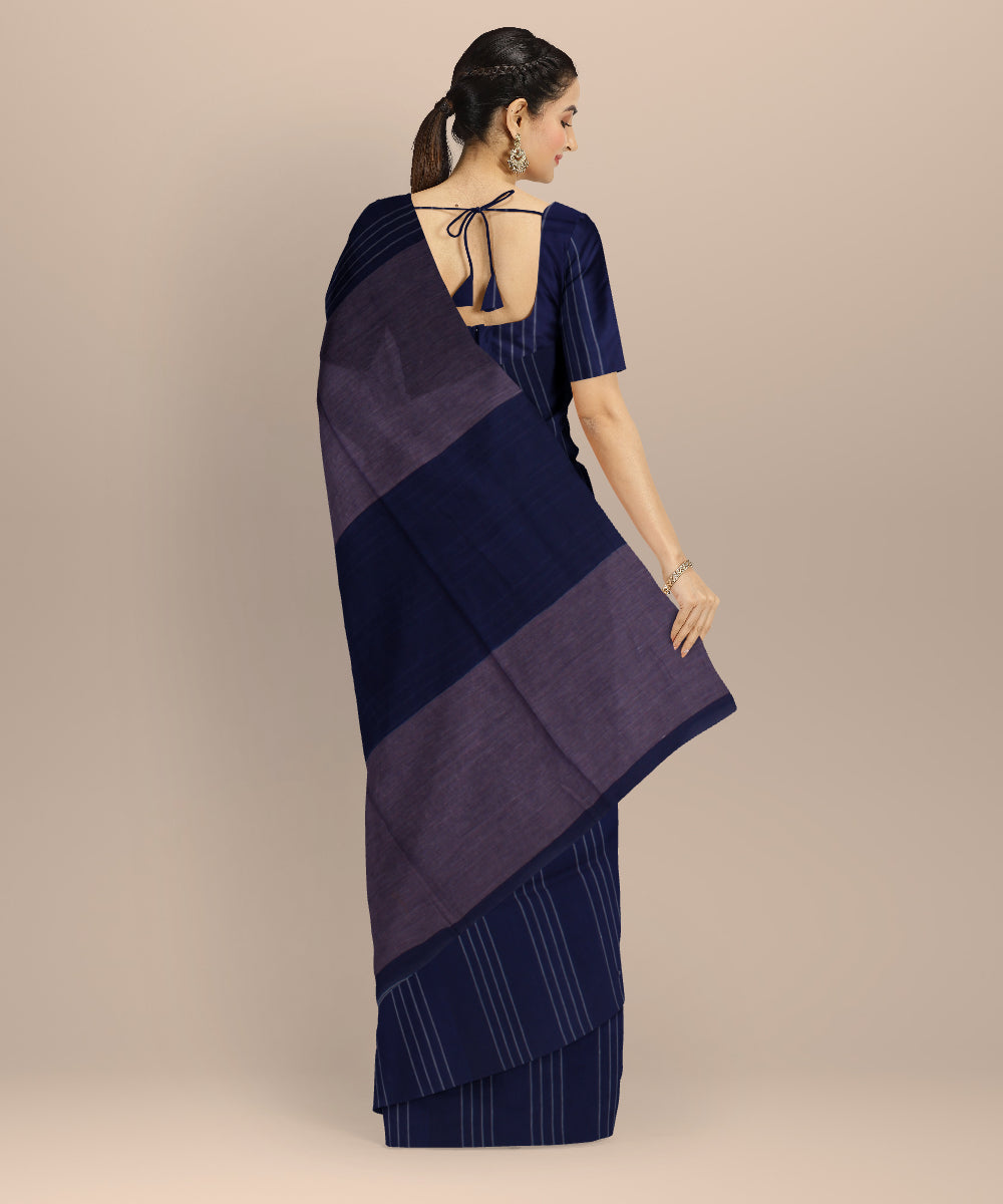 Navy blue striped handwoven cotton jamdani saree