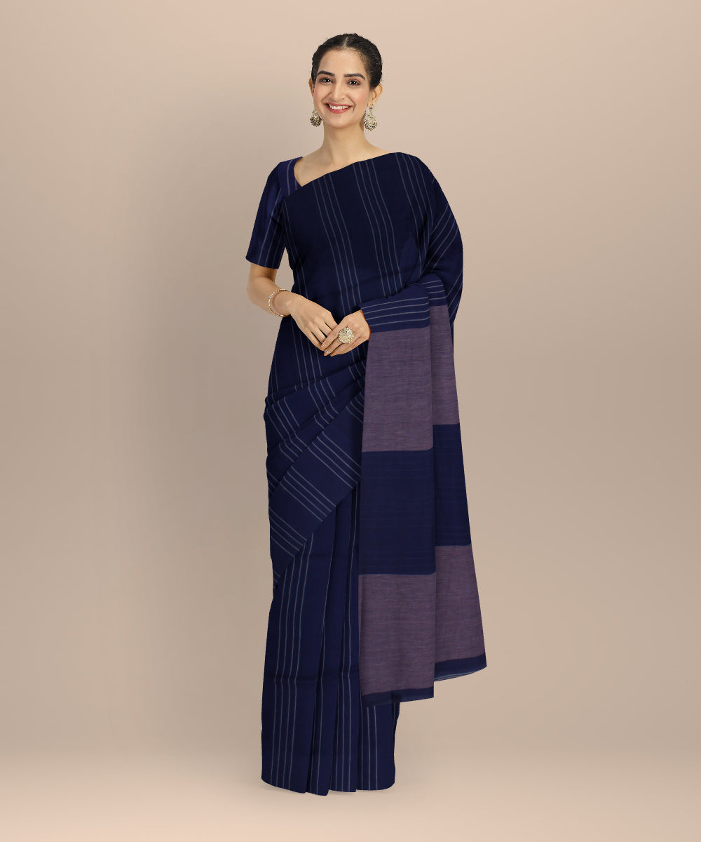 Navy blue striped handwoven cotton jamdani saree