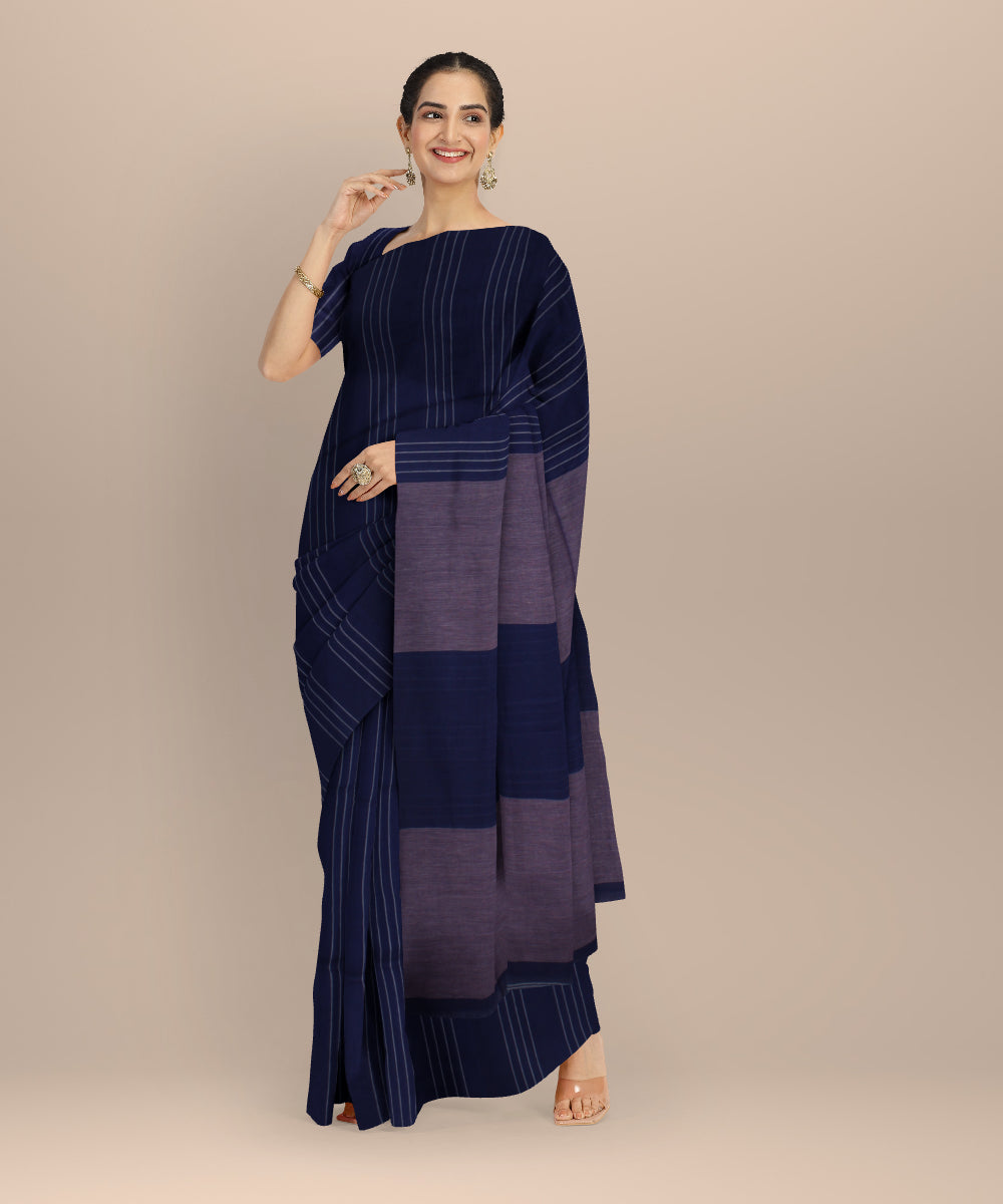 Navy blue striped handwoven cotton jamdani saree