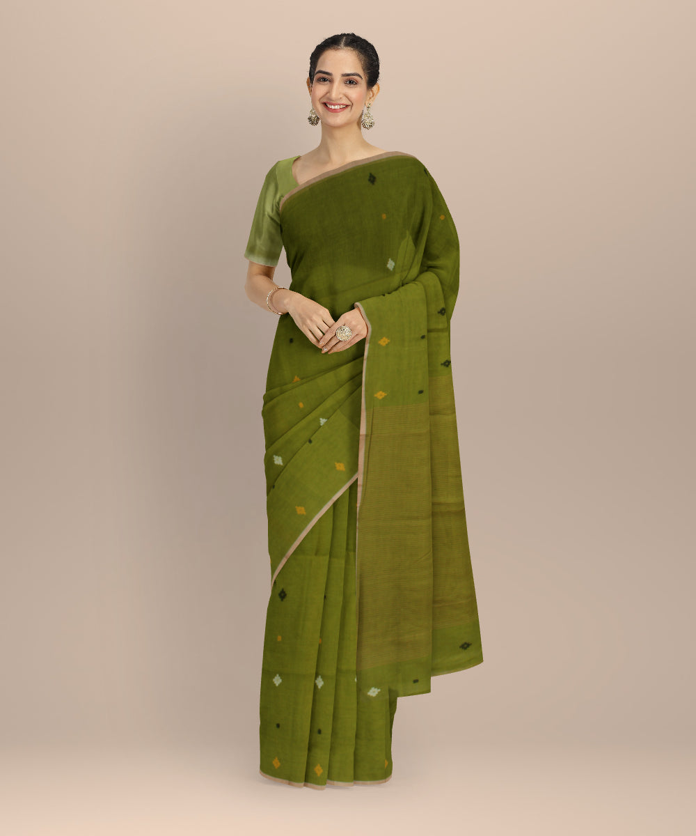 Light green muti color buti handwoven cotton jamdani saree