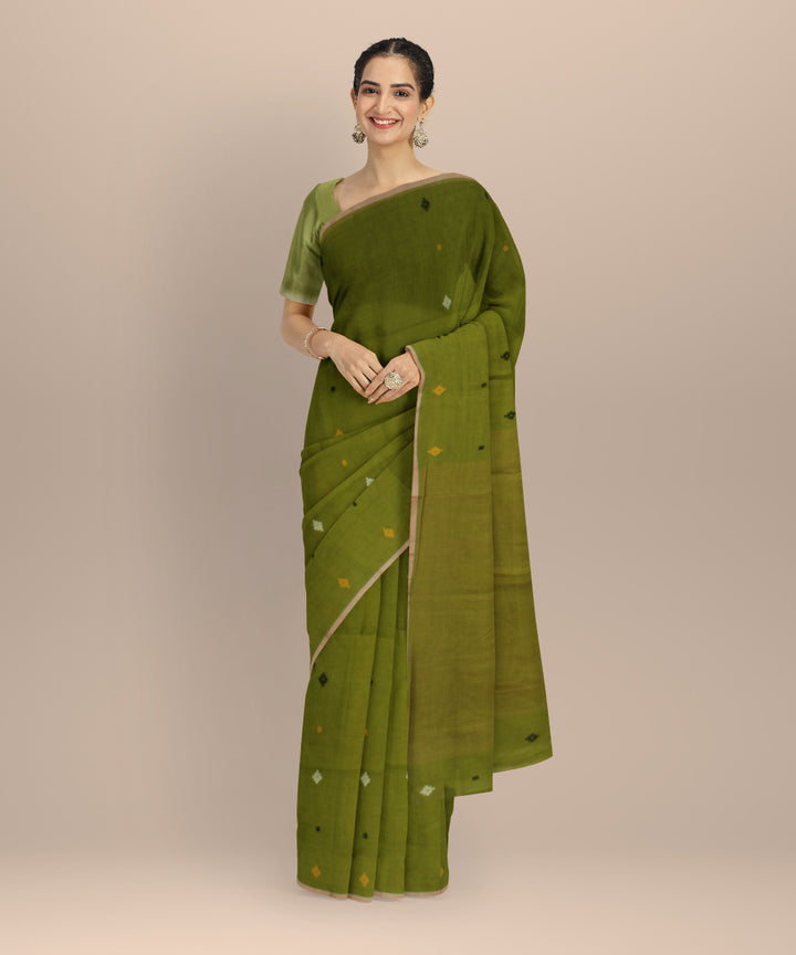 Light green muti color buti handwoven cotton jamdani saree