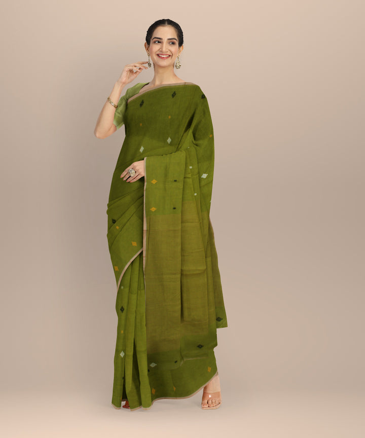 Light green muti color buti handwoven cotton jamdani saree