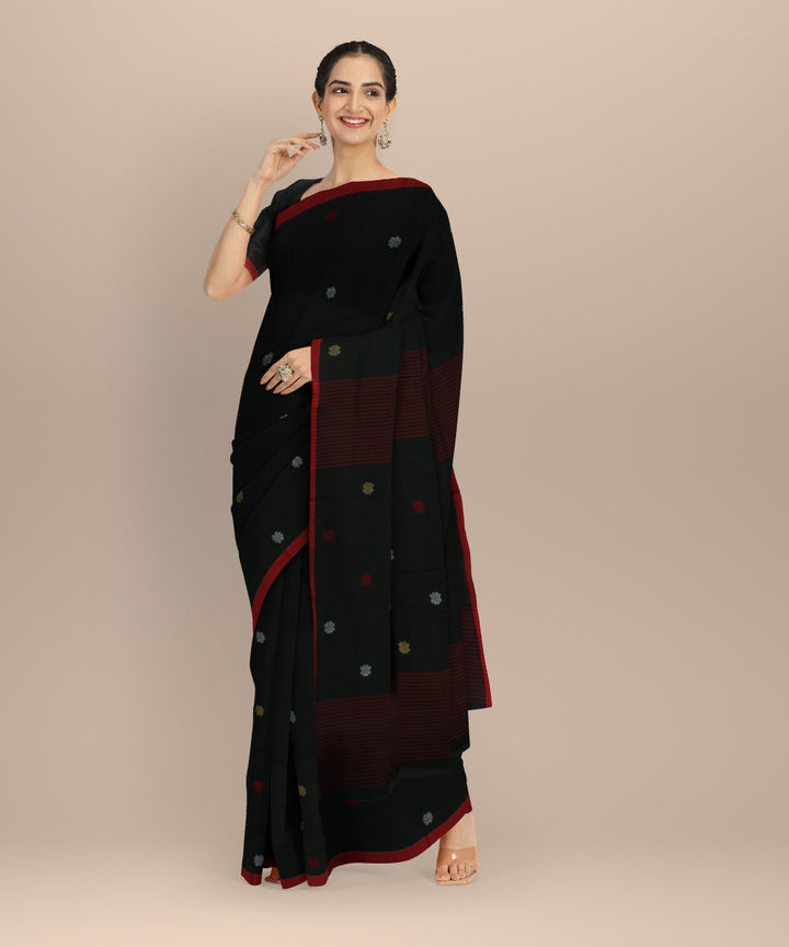 Dark green muti color buti handwoven cotton jamdani saree