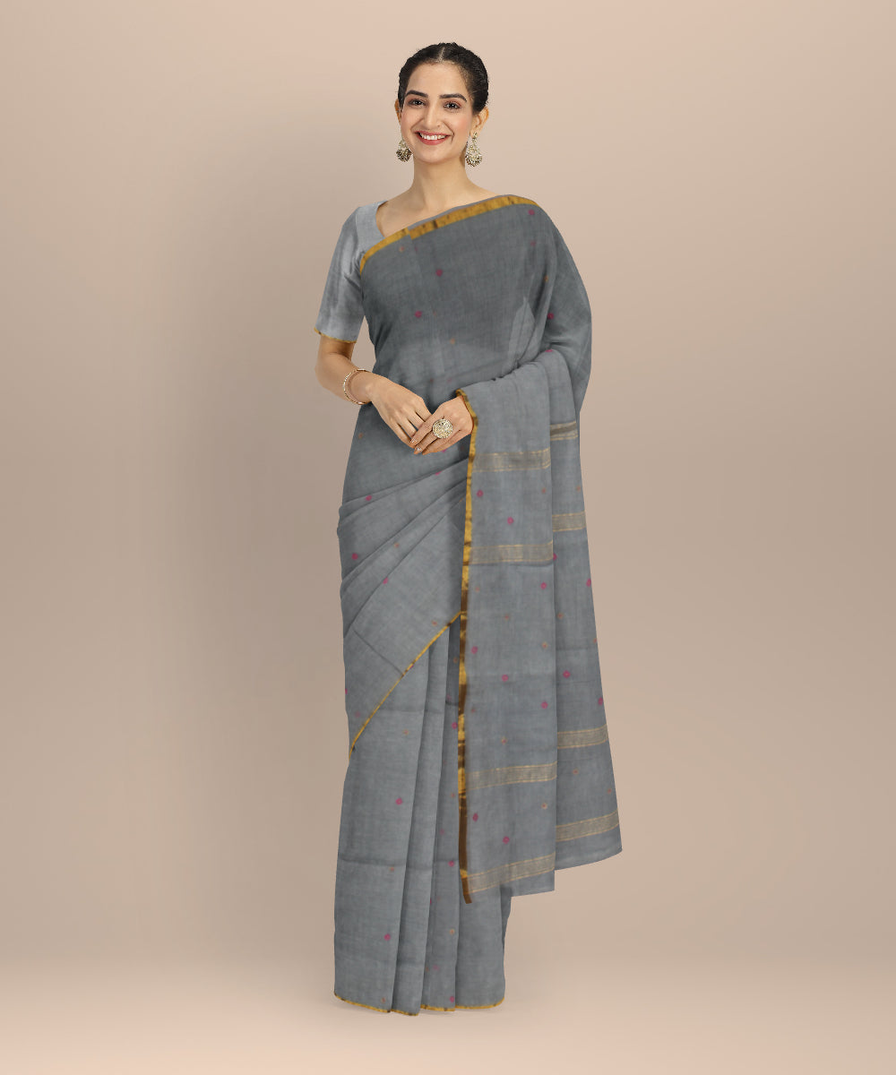 Grey muti color buti handwoven cotton jamdani saree