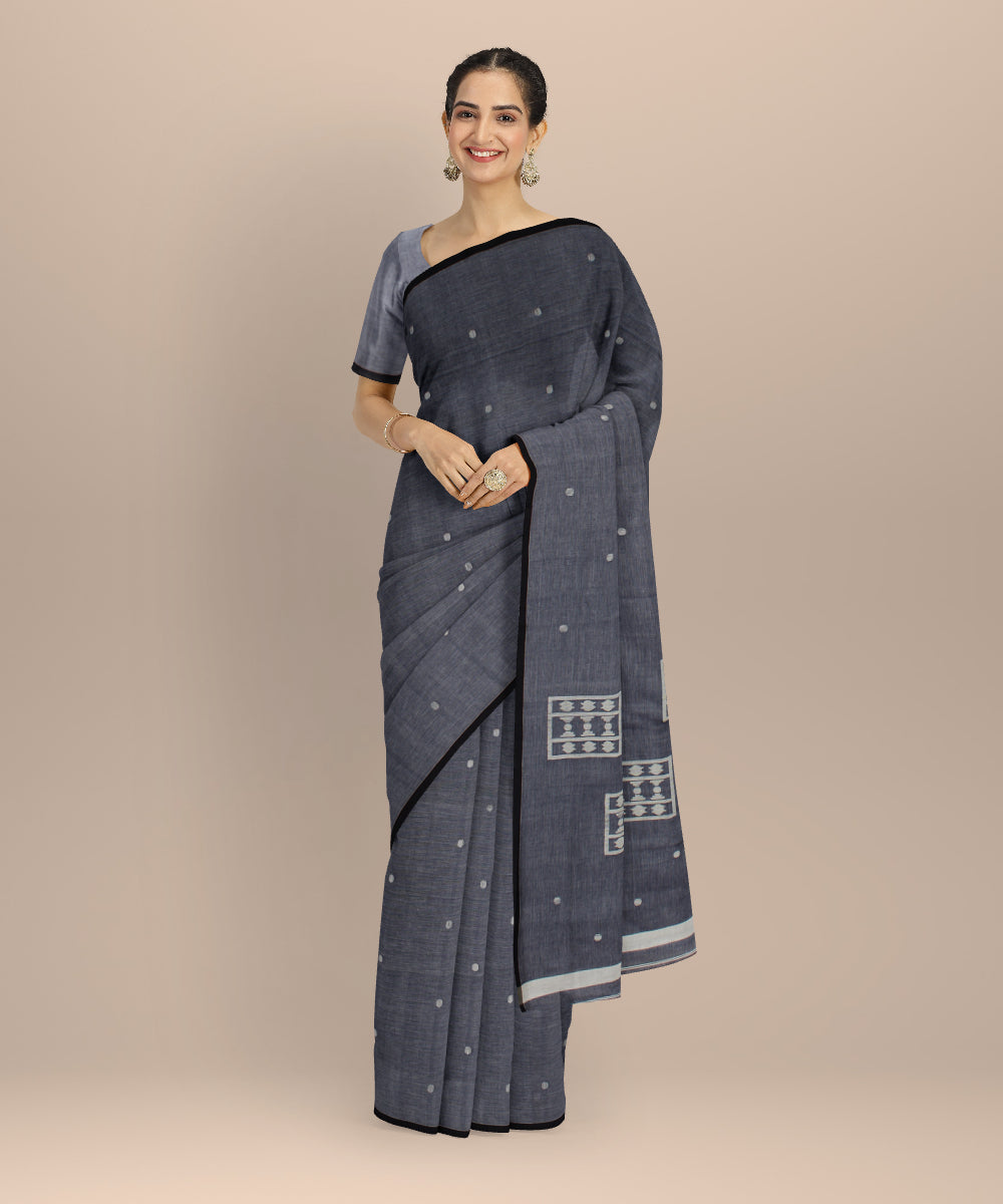 Grey blue handwoven cotton jamdani saree