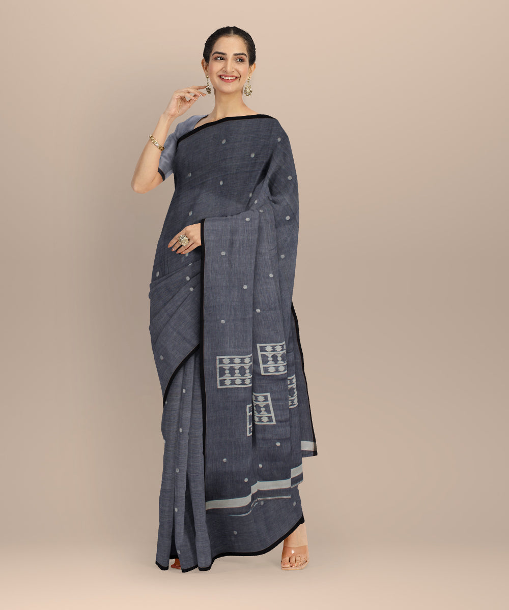 Grey blue handwoven cotton jamdani saree