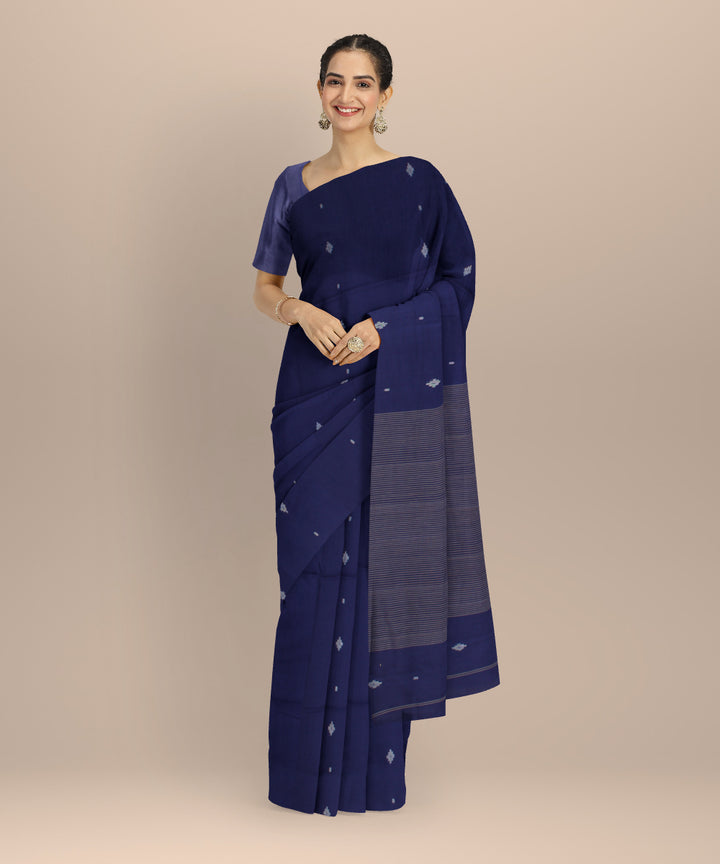 Navy blue buti handwoven cotton jamdani saree