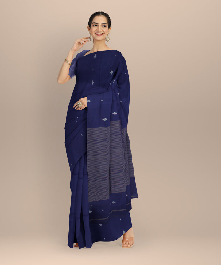 Navy blue buti handwoven cotton jamdani saree